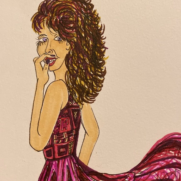 Unframed Original Art Drawing Fashionable Lady in Flowing Dress & Heel AB Artist - Picture 3 of 5